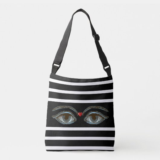 Mystic Eyes on Black & White Striped Crossbody Tas (Voorkant)
