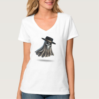 Mystic Fedora Ghost – Dames V-Neck Halloween T-shi T-shirt