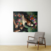 Mystic Floral Goddess with Black Cat – Fantasy Art Wandkleed (In Situ (horizontaal))