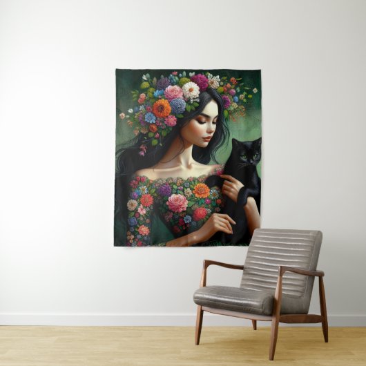 Mystic Floral Goddess with Black Cat – Fantasy Art Wandkleed (In situ)