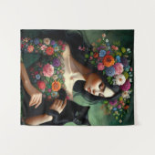 Mystic Floral Goddess with Black Cat – Fantasy Art Wandkleed (Voorkant (horizontaal))