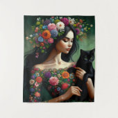 Mystic Floral Goddess with Black Cat – Fantasy Art Wandkleed (Voorkant)