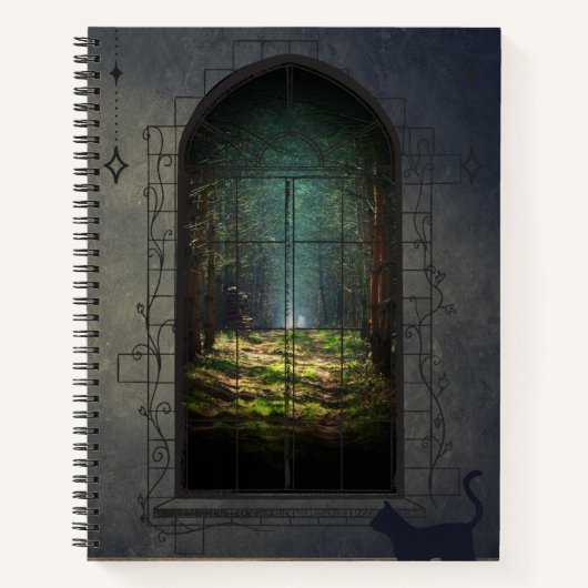 Mystic Forest Portal met kat - Fantasy Window Notitieboek (Voorkant)