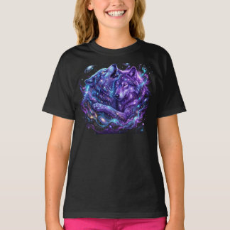 Mystic Galaxy Kids T-Shirt Blauw Cosmic Wolf Art