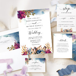 Mystic Garden Paars, Blue, Blauwgroen en Gold Wedd Kaart