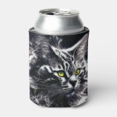 Mystic Gaze: Zwart & Zilver Abstract Cat Blikjeskoeler (Blikje Voorkant)