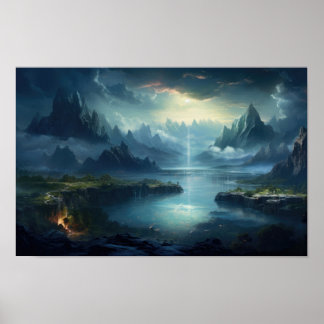 Mystic Lake en Mountain Valley - Fantasy Landschap Poster