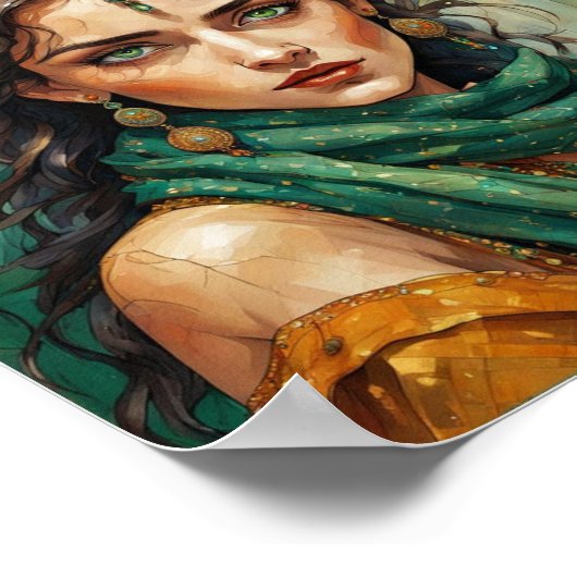 Mystic Maven: Een mooie zigeunervrouw met groene o Poster (Hoek)