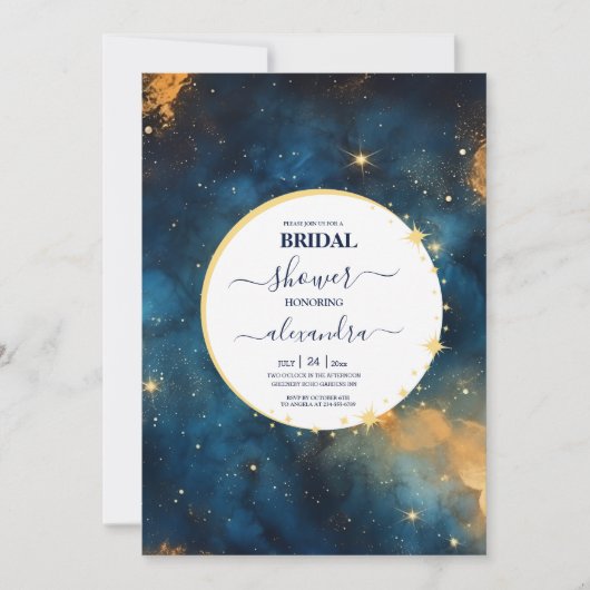 Mystic Midnight Blue en Gold Waterverf Bridal Kaart (Voorkant)