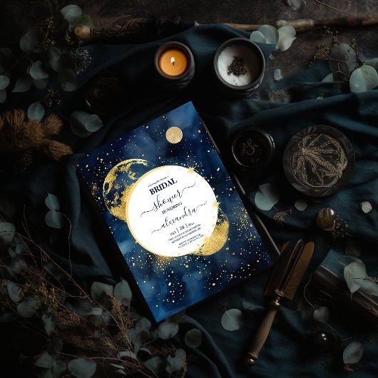 Mystic Midnight Blue en Gold Waterverf Bridal Kaart