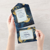 Mystic Midnight Blue en gouden Waterverf bruiloft All In One Uitnodiging (Afscheurbaar)