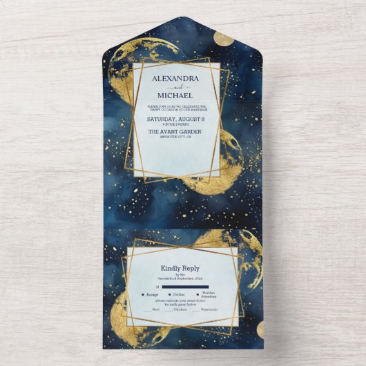 Mystic Midnight Blue en gouden Waterverf bruiloft All In One Uitnodiging (Binnen)