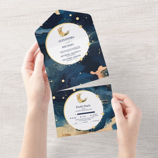 Mystic Midnight Blue en gouden Waterverf bruiloft All In One Uitnodiging (Afscheurbaar)