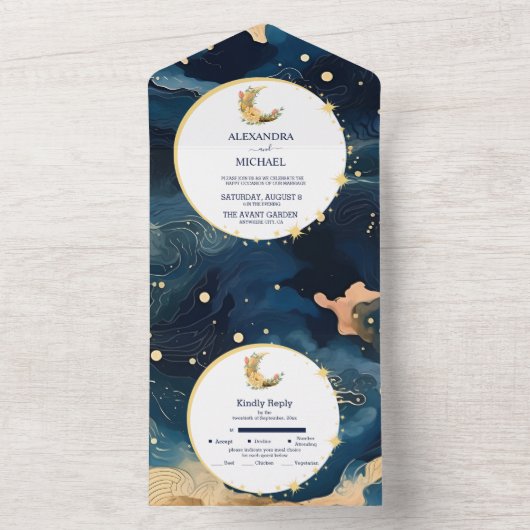 Mystic Midnight Blue en gouden Waterverf bruiloft All In One Uitnodiging (Binnen)