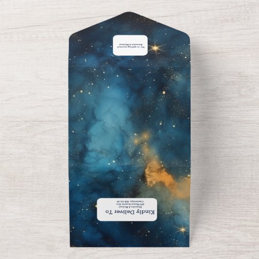 Mystic Midnight Blue en gouden Waterverf bruiloft All In One Uitnodiging (Buitenkant)