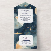 Mystic Midnight Blue en gouden Waterverf bruiloft All In One Uitnodiging (Binnen)