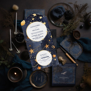 Mystic Midnight Blue en gouden Waterverf bruiloft All In One Uitnodiging