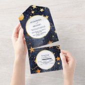 Mystic Midnight Blue en gouden Waterverf bruiloft All In One Uitnodiging (Afscheurbaar)