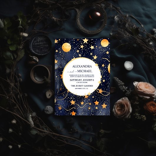 Mystic Midnight Blue en gouden Waterverf bruiloft Kaart