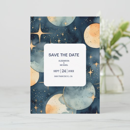 Mystic Midnight Blue en gouden Waterverf bruiloft Save The Date (Staand voorkant)