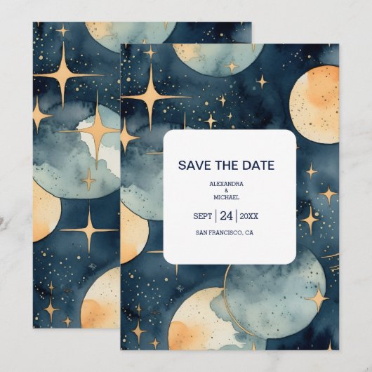 Mystic Midnight Blue en gouden Waterverf bruiloft Save The Date (Voorkant / Achterkant)