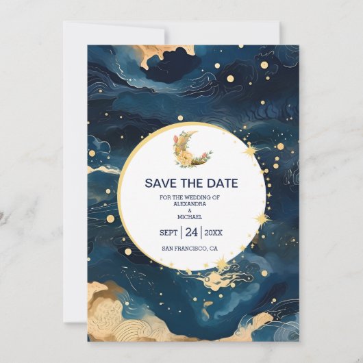Mystic Midnight Blue en gouden Waterverf bruiloft Save The Date (Voorkant)
