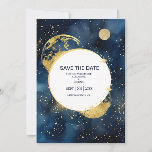 Mystic Midnight Blue en gouden Waterverf bruiloft Save The Date (Voorkant)