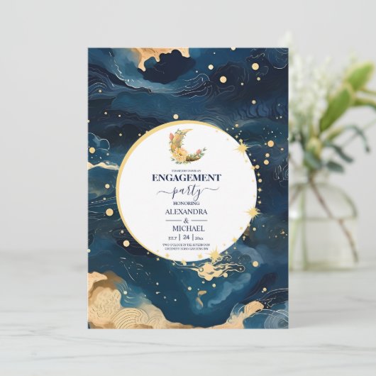 Mystic Midnight Blue Gold Waterverf Verloving Kaart (Staand voorkant)