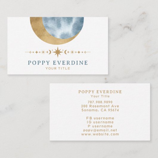 Mystic Moon Gold Blue Stars Astrologie Yoga Visitekaartje (Voorkant / Achterkant)