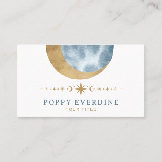 Mystic Moon Gold Blue Stars Astrologie Yoga Visitekaartje (Voorkant)