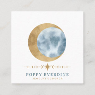 Mystic Moon Gold Blue Stars Sieraden Designer Vierkante Visitekaartje