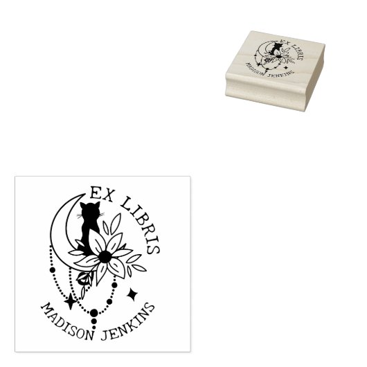 Mystic Moon Kat met bloemen, Ex Libris Boek Rubberstempel (Gestempeld)