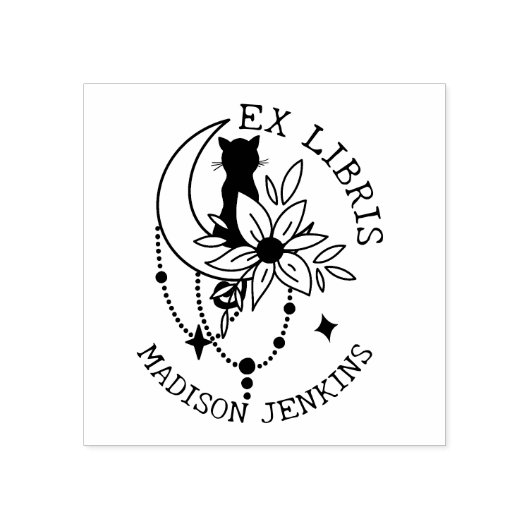 Mystic Moon Kat met bloemen, Ex Libris Boek Rubberstempel (Afrduk)