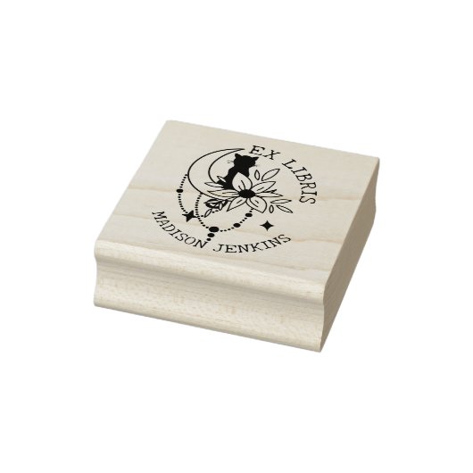 Mystic Moon Kat met bloemen, Ex Libris Boek Rubberstempel (Stempel)