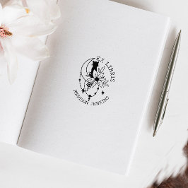 Mystic Moon Kat met bloemen, Ex Libris Boek Rubberstempel
