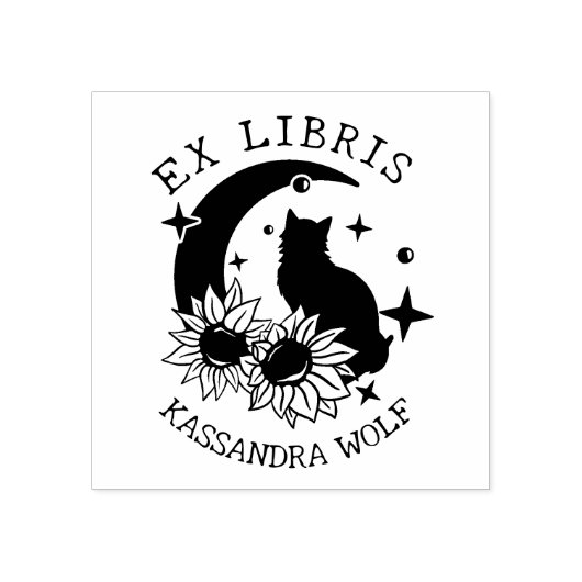 Mystic Moon Kat met Zonnebloemen, Ex Libris Boek Rubberstempel (Afrduk)