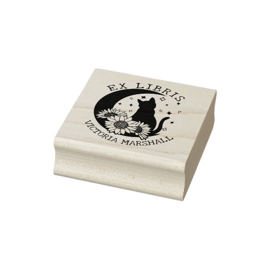 Mystic Moon Kat met Zonnebloemen, Ex Libris Boek Rubberstempel (Stempel)