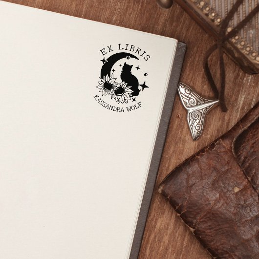 Mystic Moon Kat met Zonnebloemen, Ex Libris Boek Rubberstempel