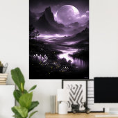 Mystic Moonlit Valley - Monochroom Fantasy Poster (Thuiskantoor)