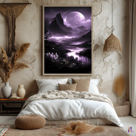 Mystic Moonlit Valley - Monochroom Fantasy Poster