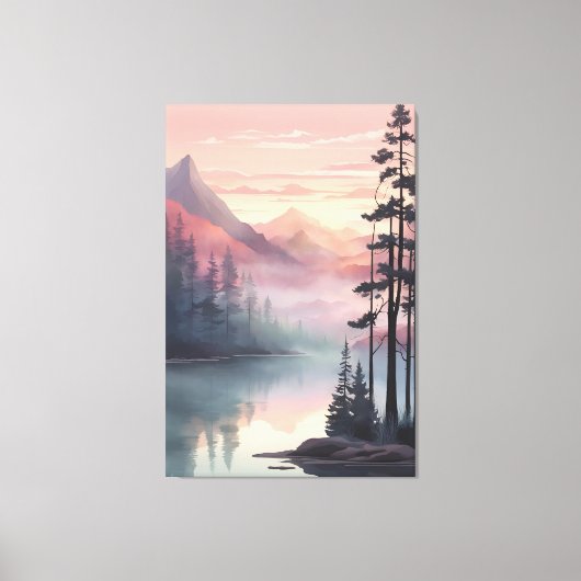 Mystic Mountain Lake bij zonsopgang Canvas Afdruk (Voorkant)