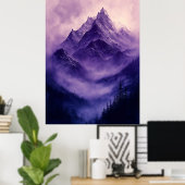 Mystic Mountain Peaks in het zwart-wit Paarse Poster (Thuiskantoor)
