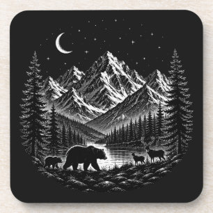 Mystic Mountain Wilderness Night Linocut Stijl Bier Onderzetter