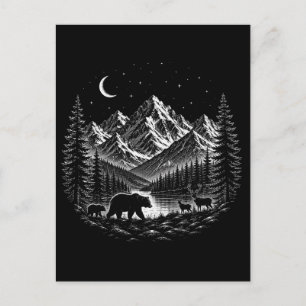 Mystic Mountain Wilderness Night Linocut Stijl Briefkaart