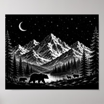 Mystic Mountain Wilderness Night Linocut Stijl