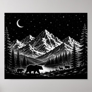 Mystic Mountain Wilderness Night Linocut Stijl Poster
