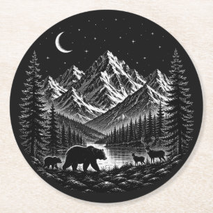 Mystic Mountain Wilderness Night Linocut Stijl Ronde Kartonnen Onderzetter