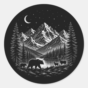 Mystic Mountain Wilderness Night Linocut Stijl Ronde Sticker