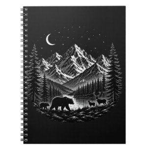 Mystic Mountain Wildernis Nacht Linocut Stijl Notitieboek