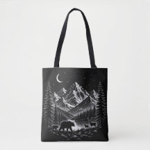 Mystic Mountain Wildernis Nacht Linocut Stijl
